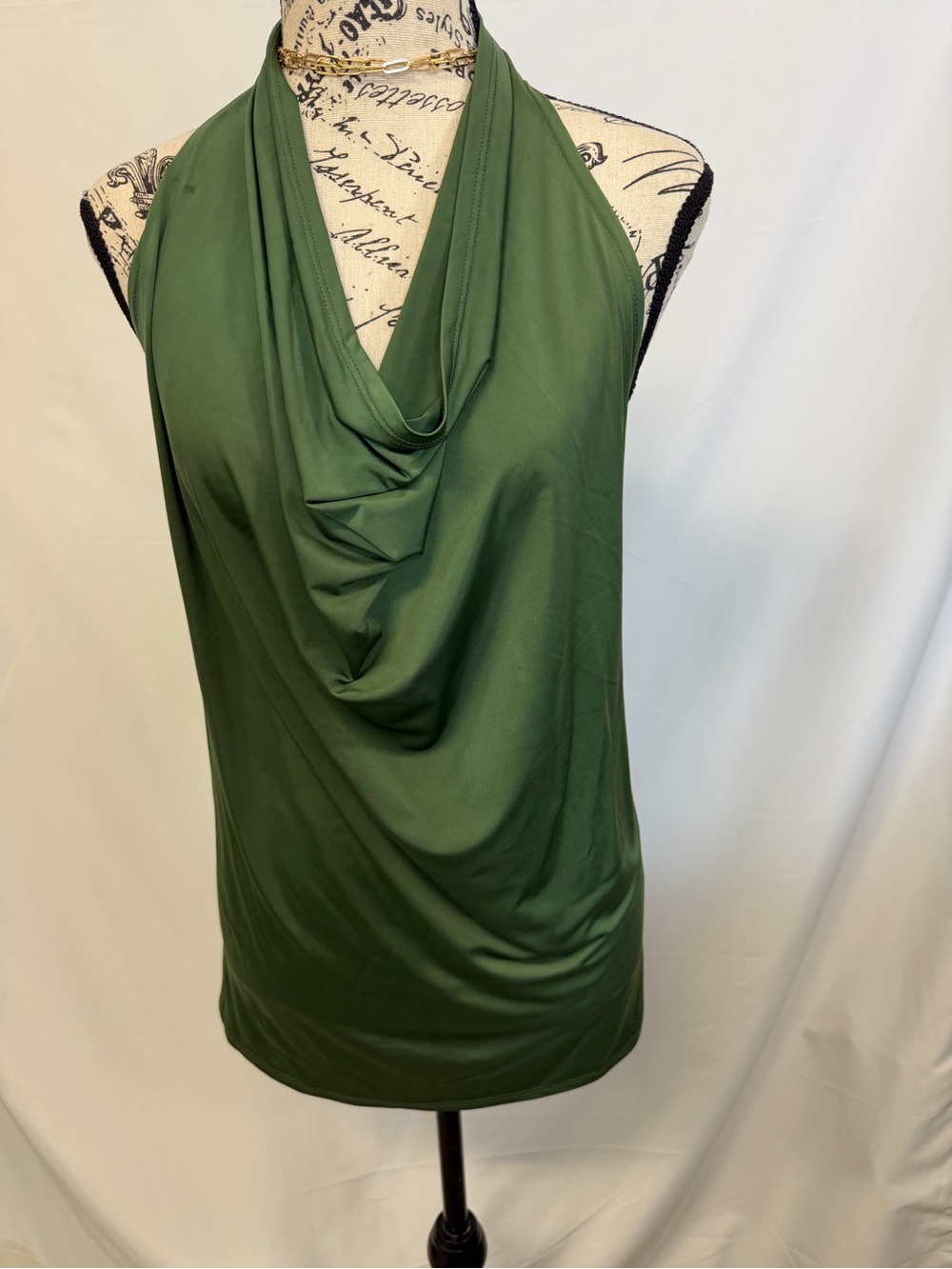 Fashionolic Olive Green Halter Cowl Neck Top Size Large Y2K Stretch Drape Blouse
